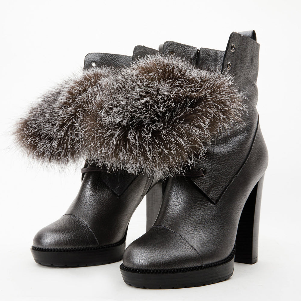 The Melo Gray Leather Natural Fur Mid Calf Platform Heel Boot Fine Craftsmanship