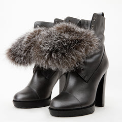 The Melo Gray Leather Natural Fur Mid Calf Platform Heel Boot Fine Craftsmanship