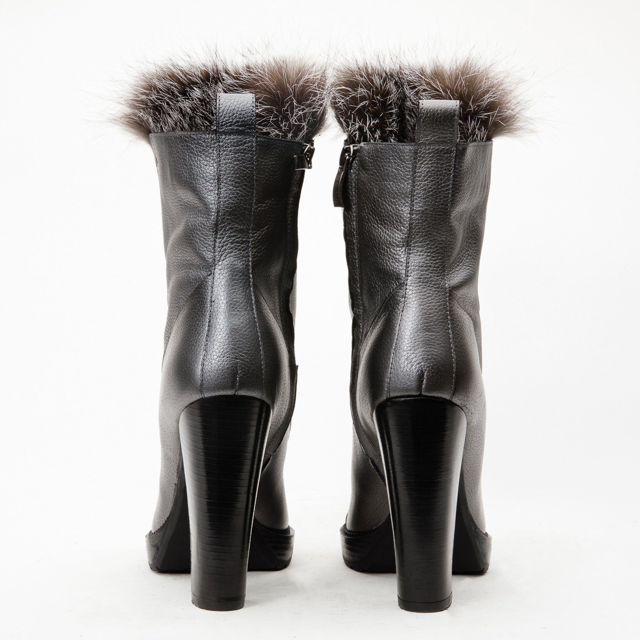The Melo Gray Leather Natural Fur Mid Calf Platform Heel Boot Fine Craftsmanship