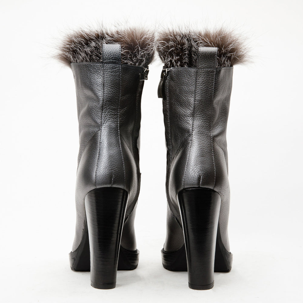 The Melo Gray Leather Natural Fur Mid Calf Platform Heel Boot Fine Craftsmanship
