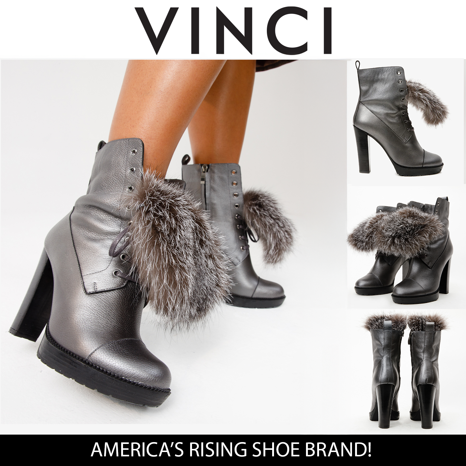 The Melo Gray Leather Natural Fur Mid Calf Platform Heel Boot Fine Craftsmanship