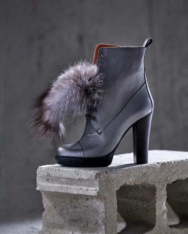 The Melo Gray Leather Natural Fur Mid Calf Platform Heel Boot Fine Craftsmanship