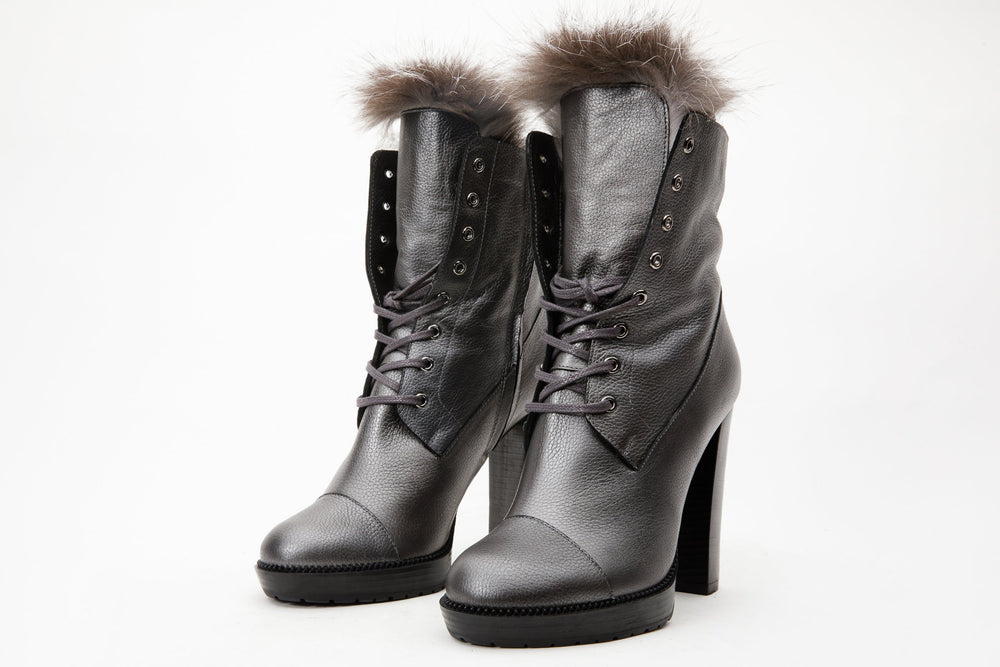 The Melo Gray Leather Natural Fur Mid Calf Platform Heel Boot Fine Craftsmanship
