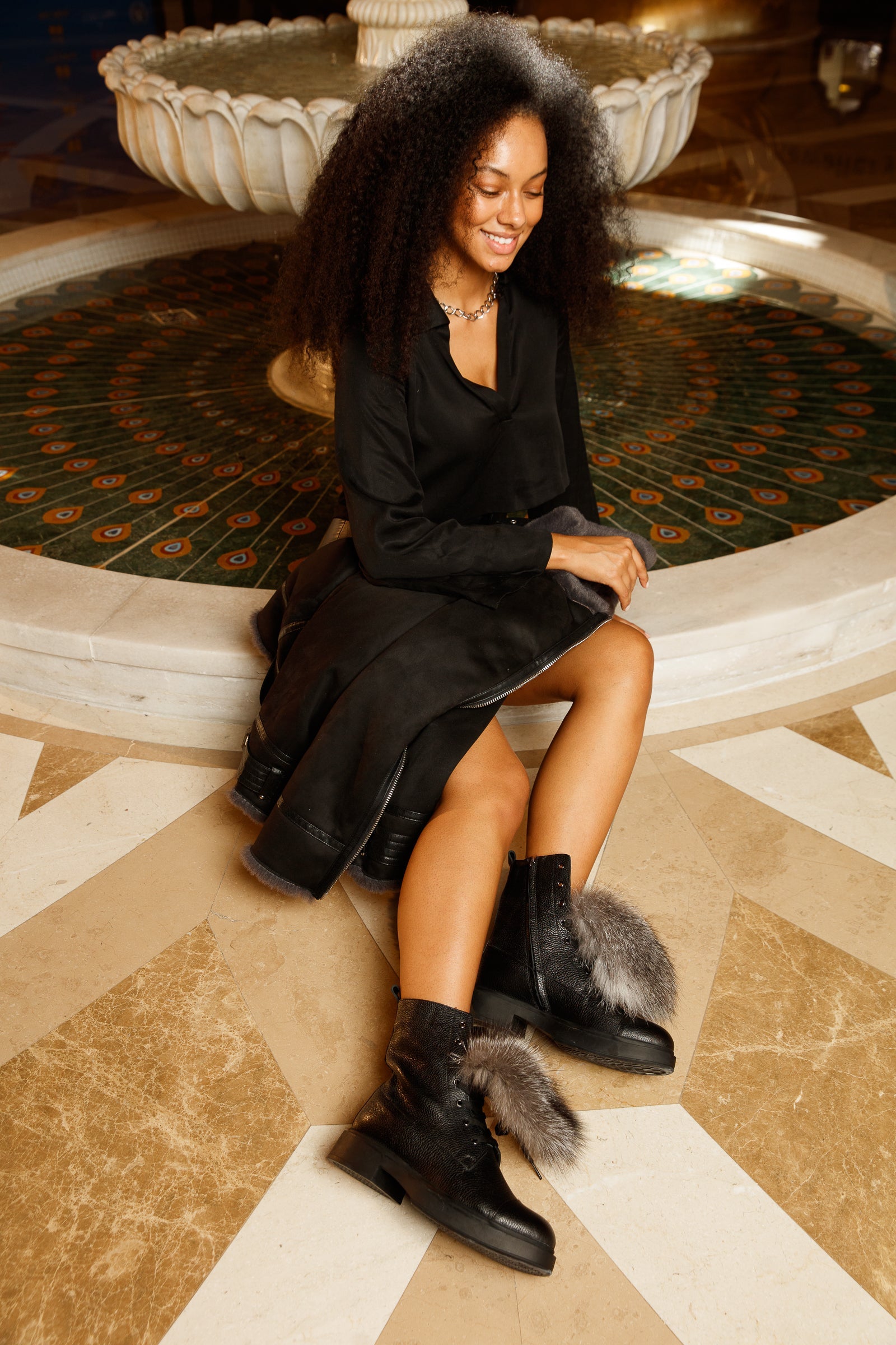 The Kajapati Black Leather Natural Fur Mid Calf Boot Exclusive Style