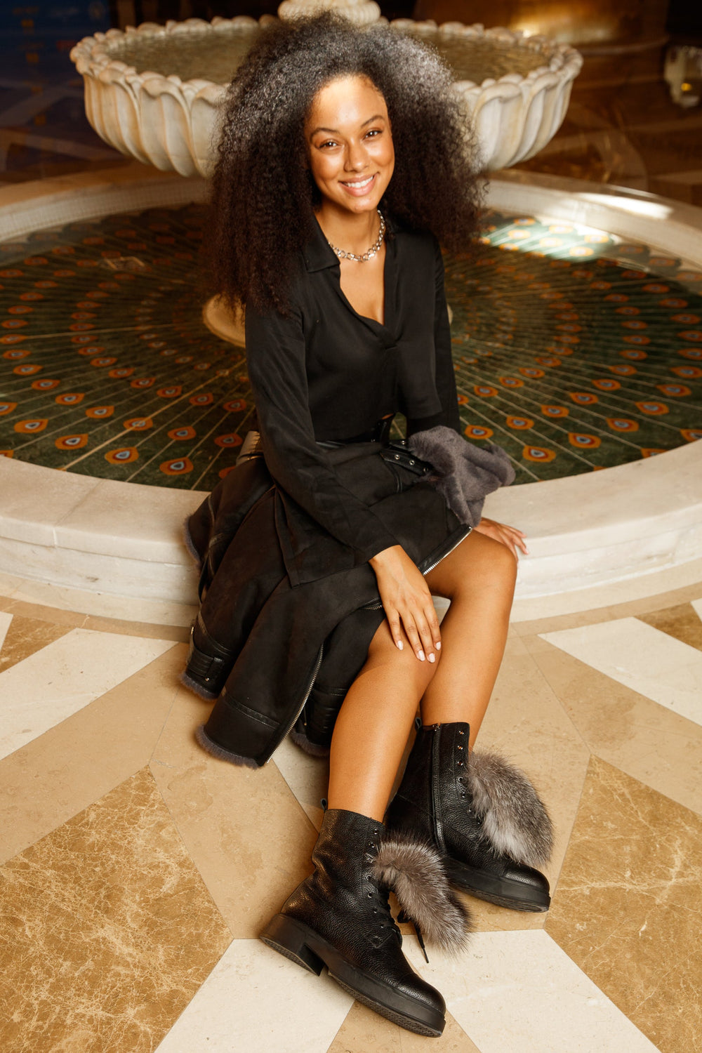 The Kajapati Black Leather Natural Fur Mid Calf Boot Exclusive Style