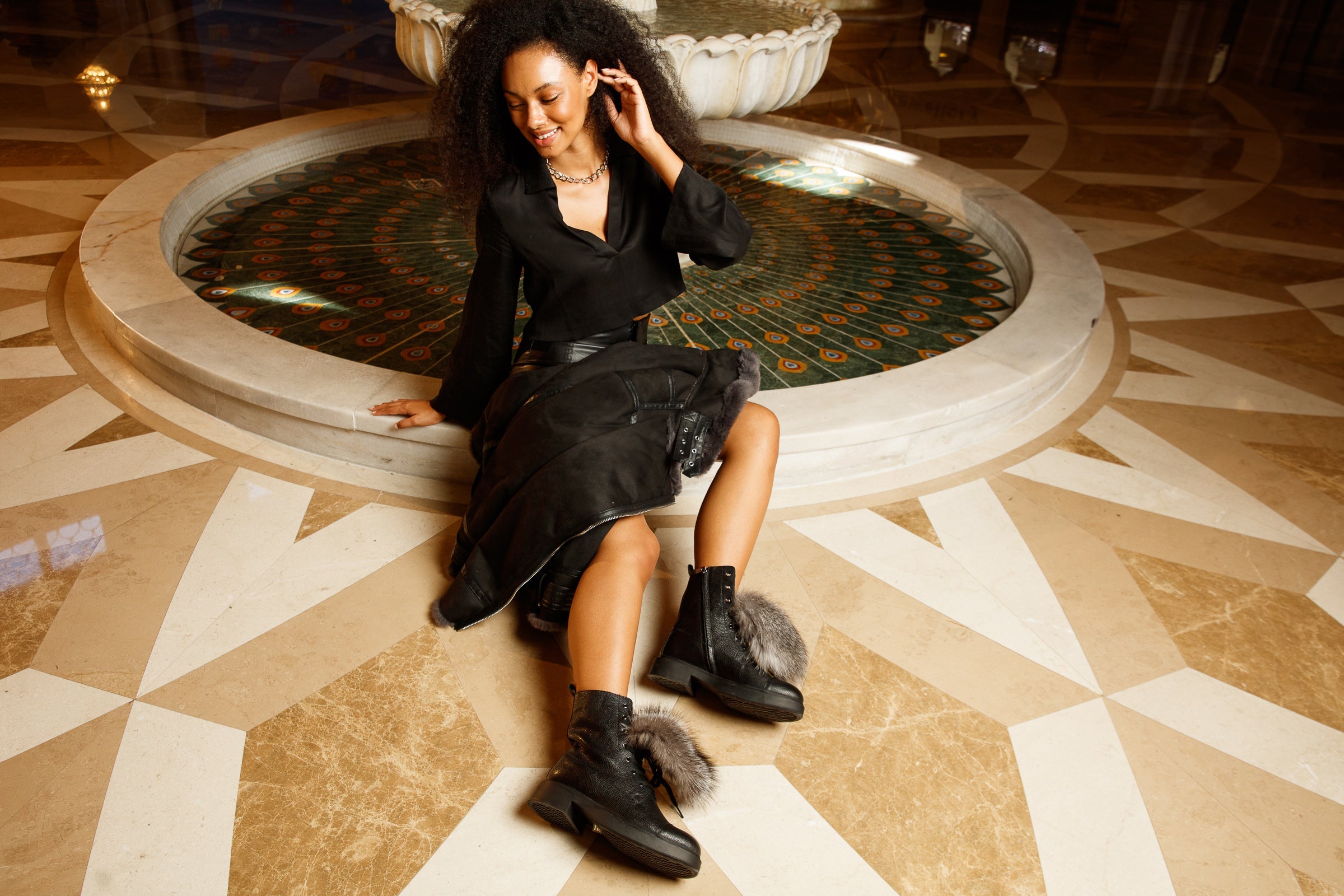 The Kajapati Black Leather Natural Fur Mid Calf Boot Exclusive Style
