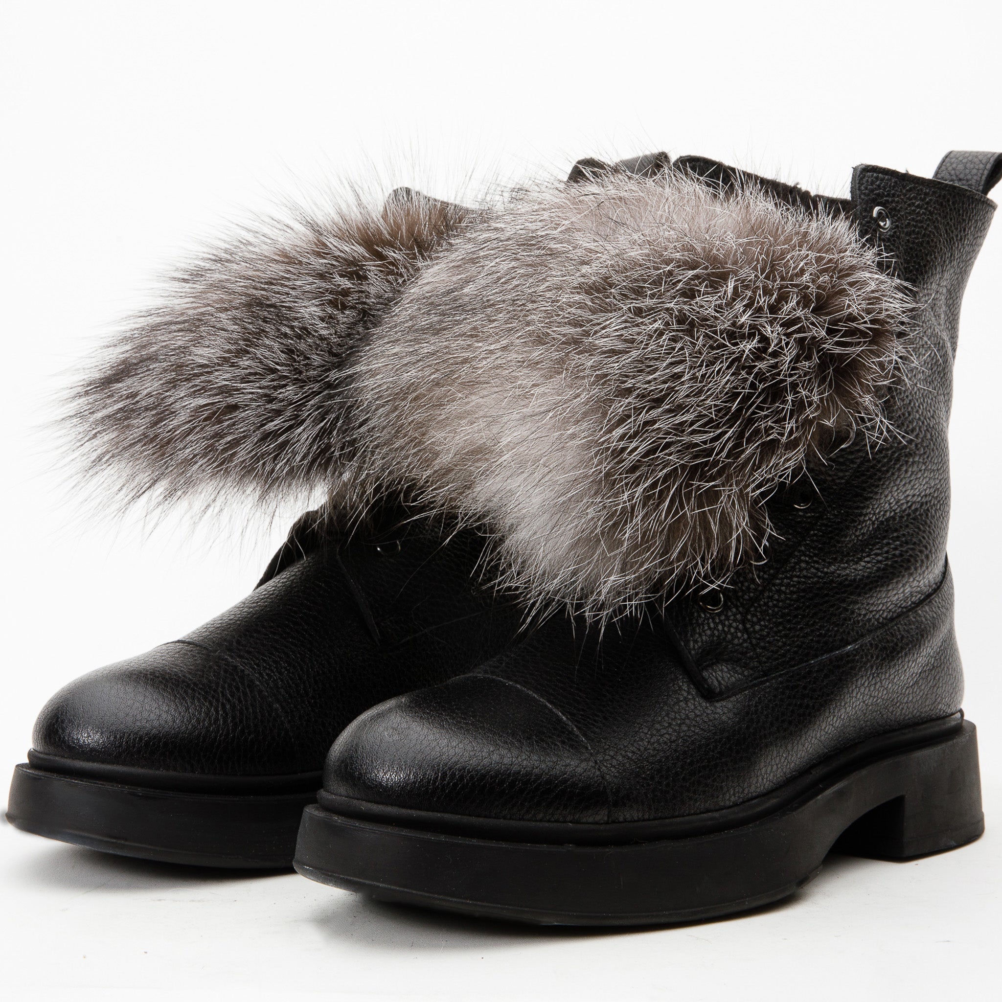 The Kajapati Black Leather Natural Fur Mid Calf Boot Exclusive Style