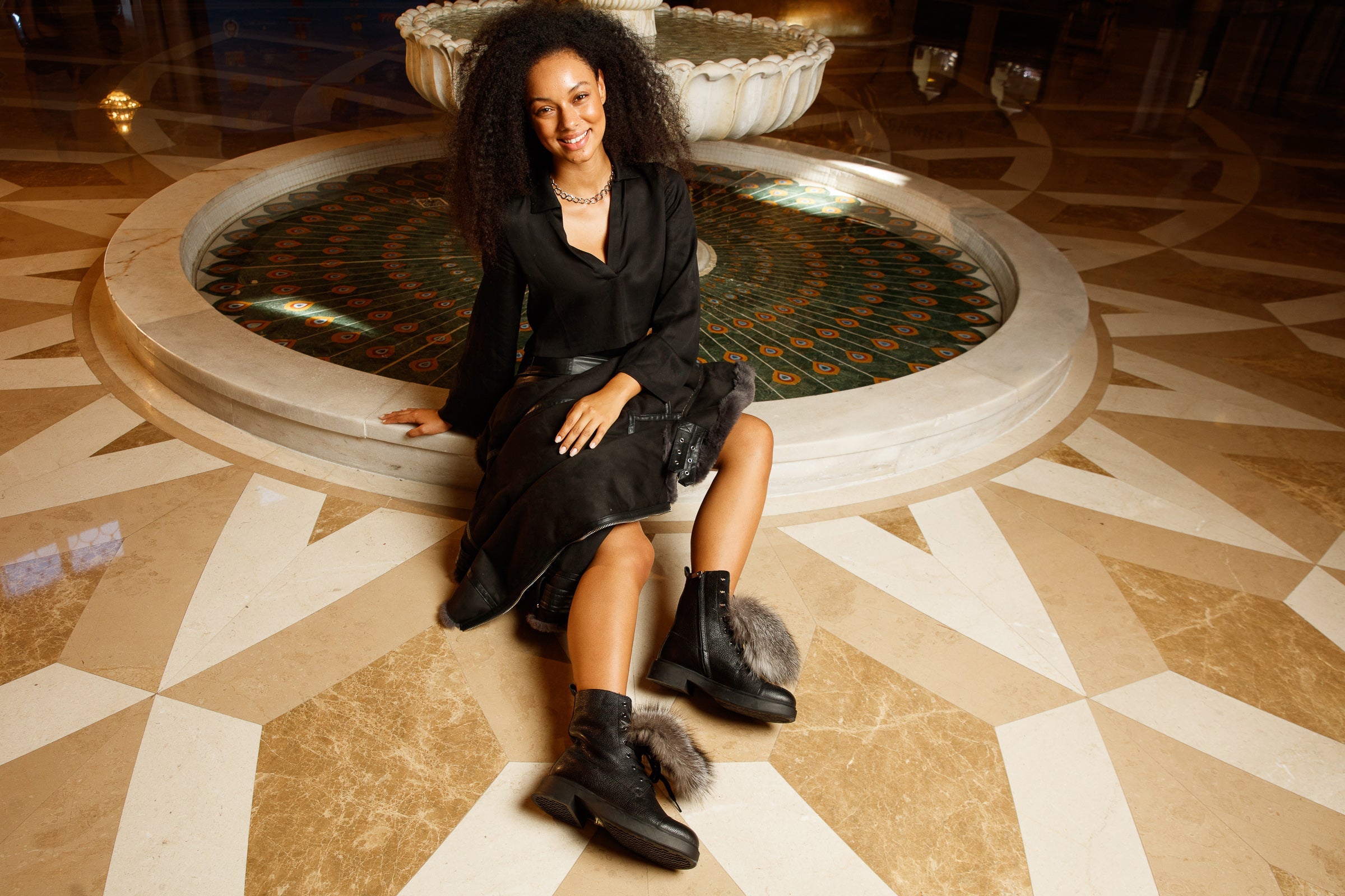 The Kajapati Black Leather Natural Fur Mid Calf Boot Exclusive Style