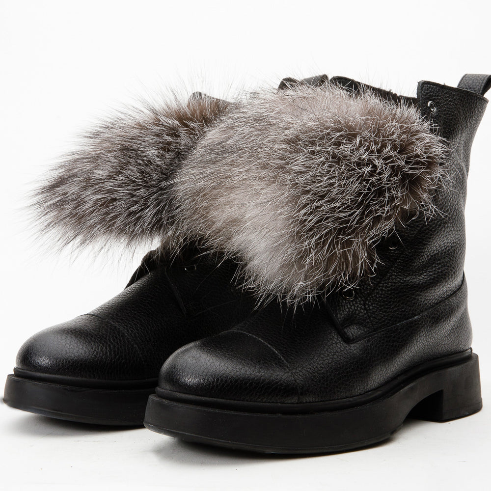 The Kajapati Black Leather Natural Fur Mid Calf Boot Exclusive Style