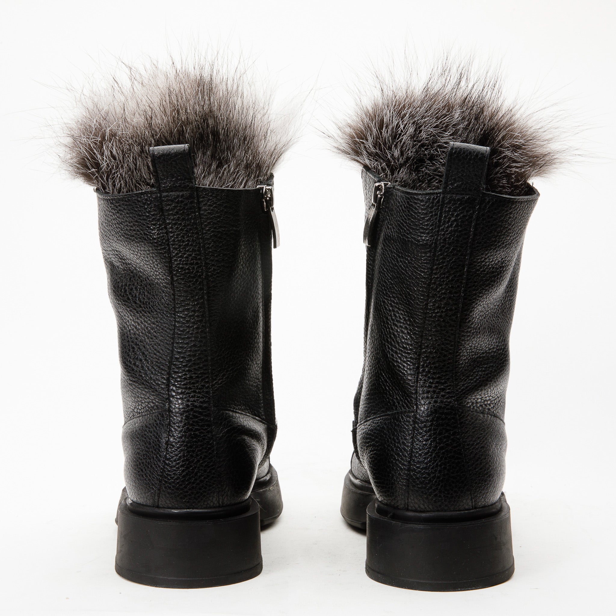 The Kajapati Black Leather Natural Fur Mid Calf Boot Exclusive Style