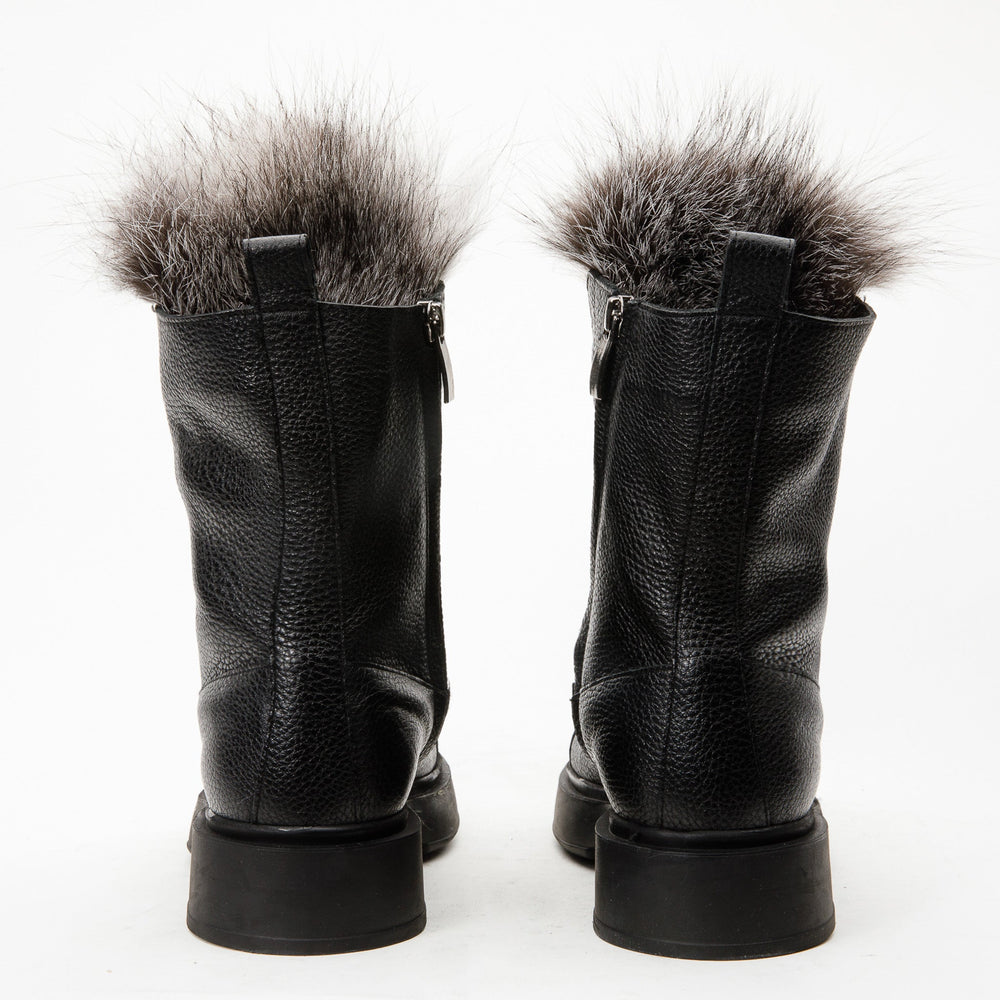The Kajapati Black Leather Natural Fur Mid Calf Boot Exclusive Style