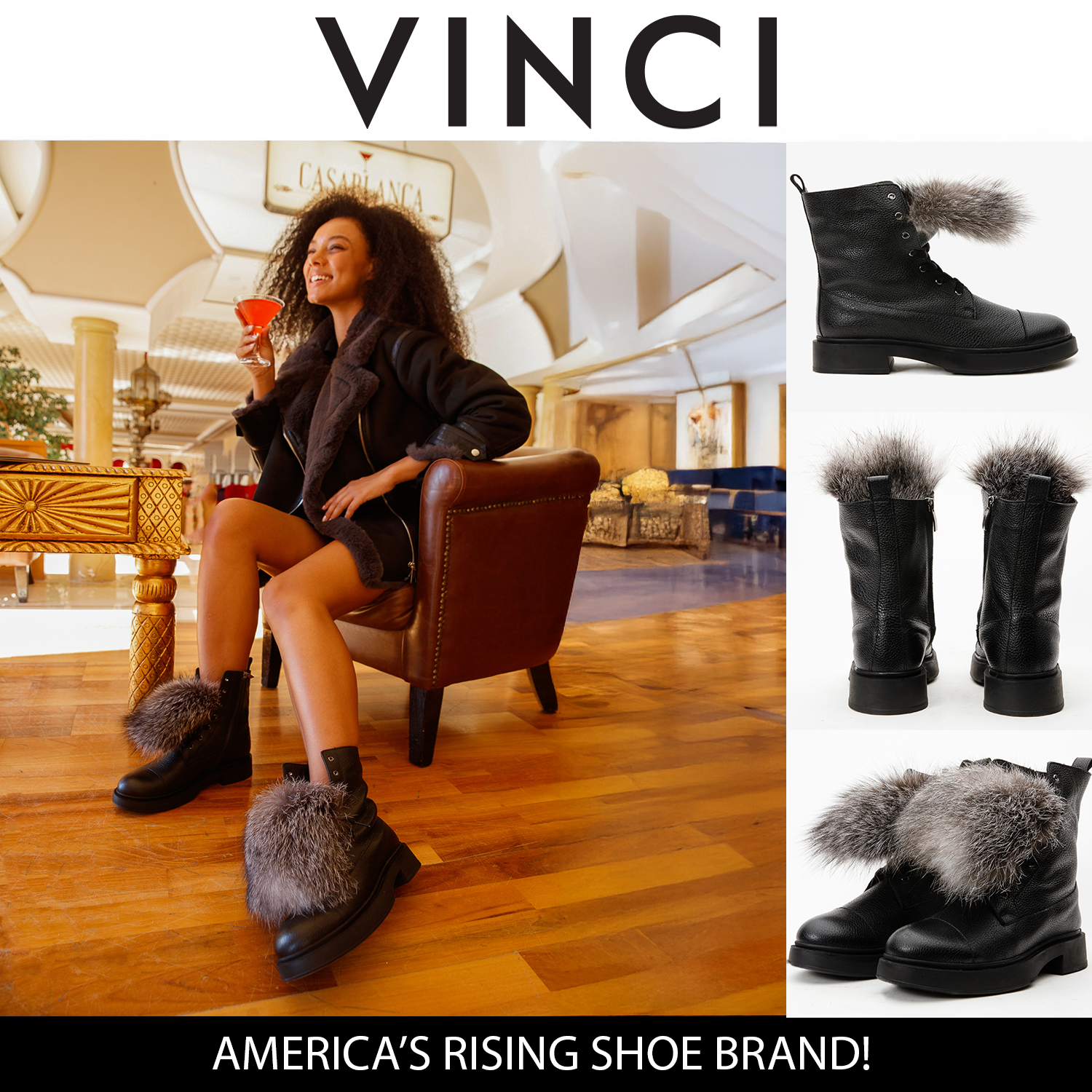 The Kajapati Black Leather Natural Fur Mid Calf Boot Exclusive Style
