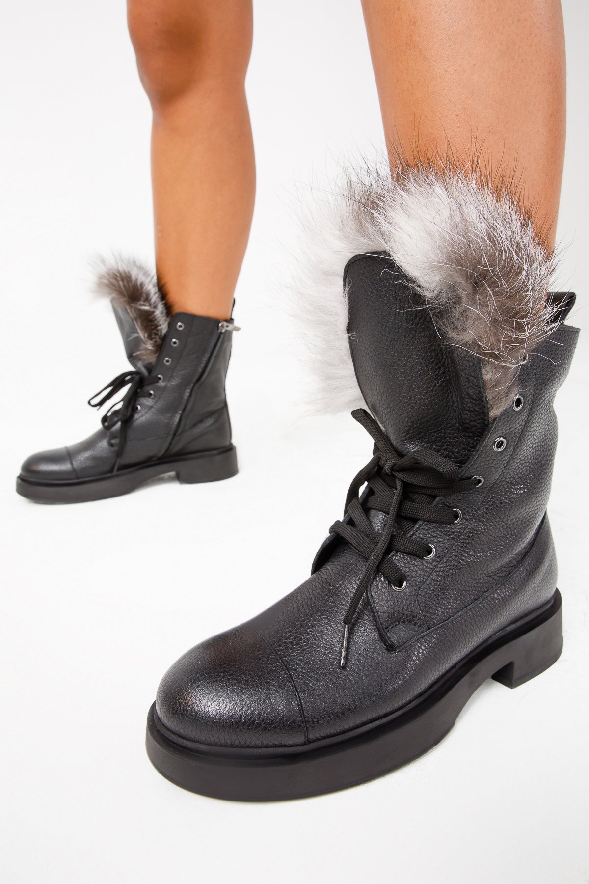 The Kajapati Black Leather Natural Fur Mid Calf Boot Exclusive Style