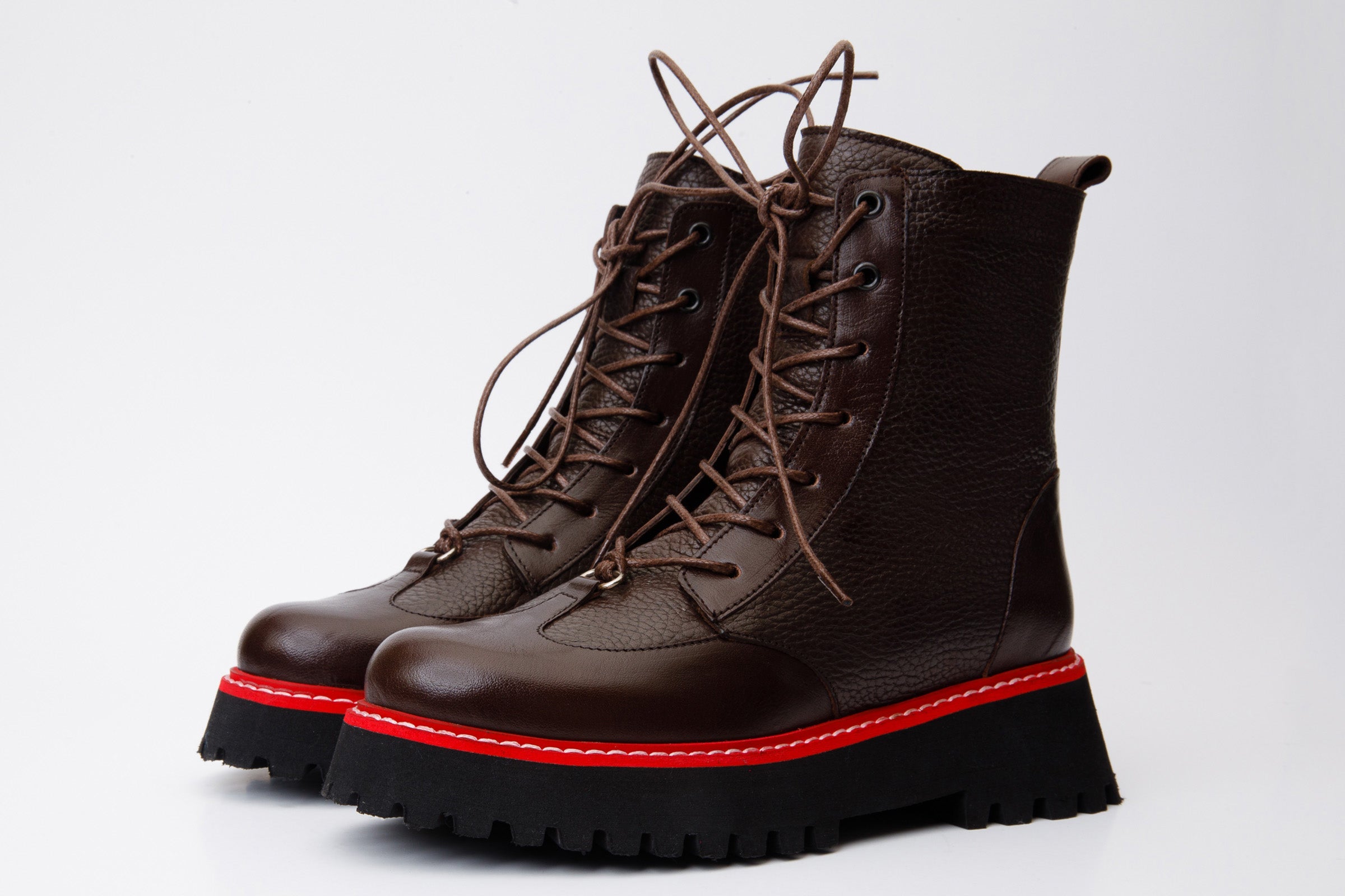 The Yildiz Brown Leather Lace-Up Ankle  Boot With a Side Zipper All New
