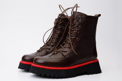 The Yildiz Brown Leather Lace-Up Ankle  Boot With a Side Zipper All New