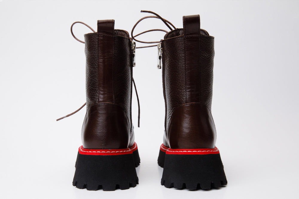 The Yildiz Brown Leather Lace-Up Ankle  Boot With a Side Zipper All New
