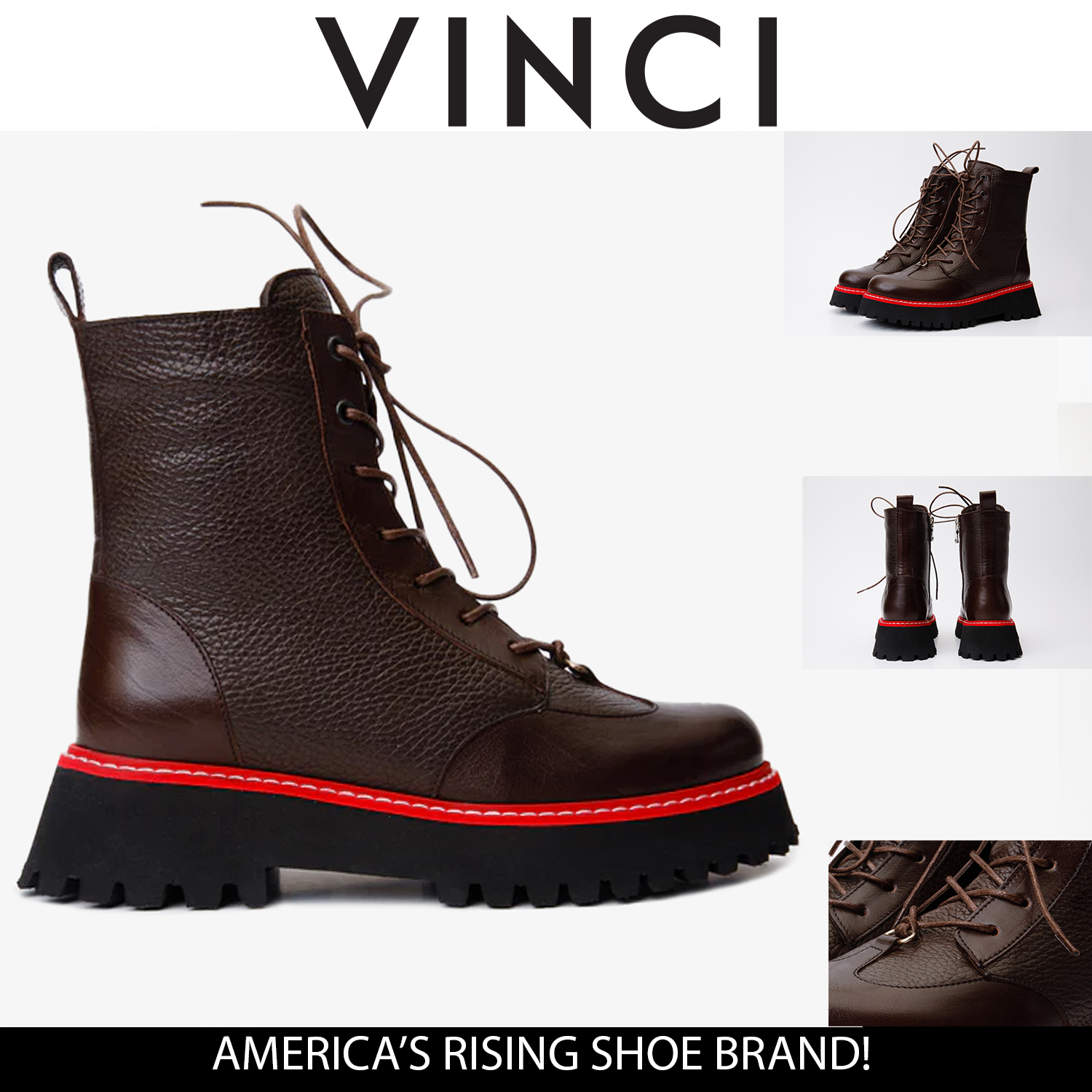 The Yildiz Brown Leather Lace-Up Ankle  Boot With a Side Zipper All New