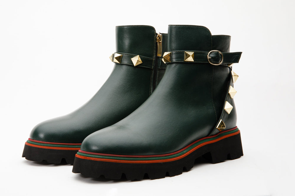 The Prag Green Leather Ankle Booto On Sale