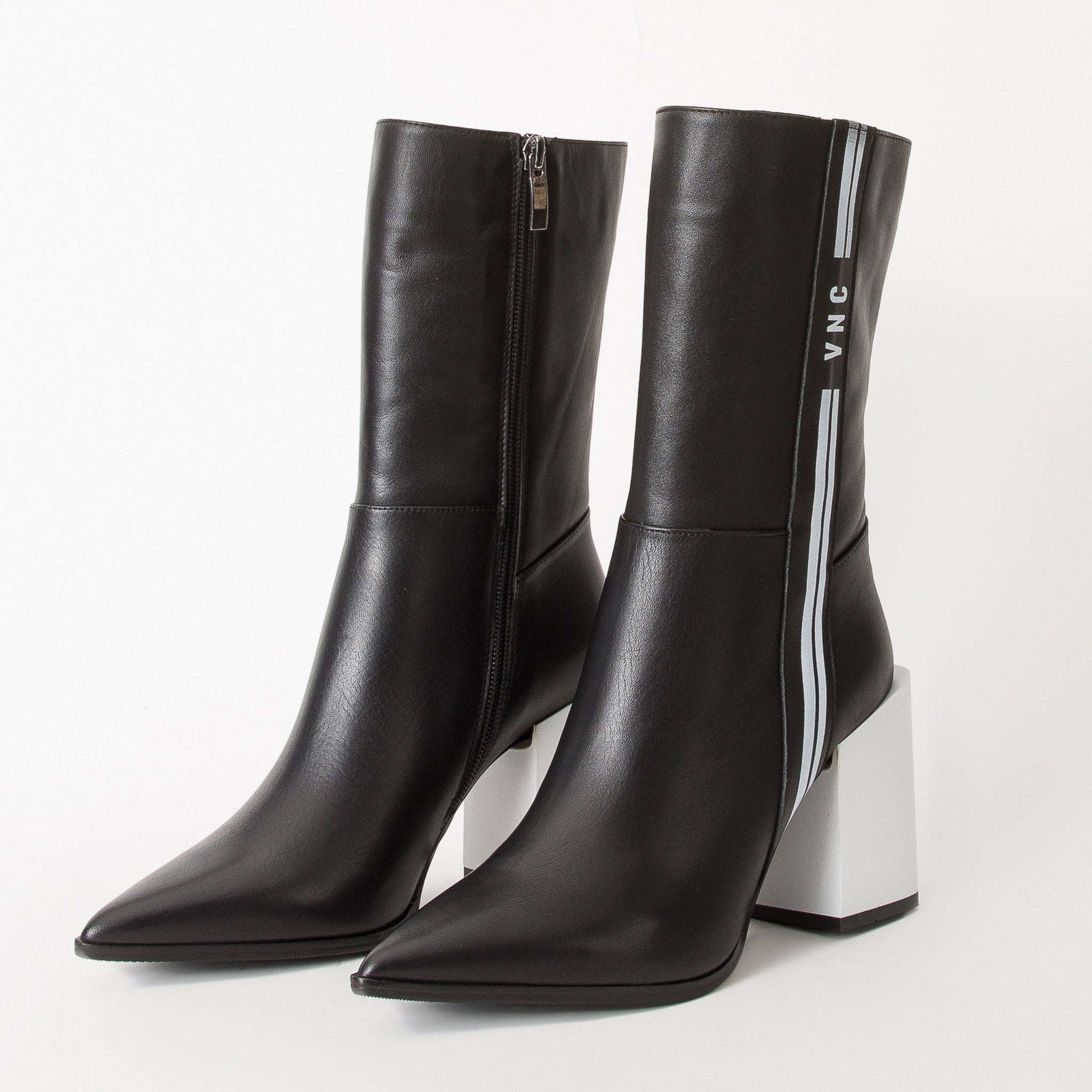 The Loretto Black Leather Block Heel Mid Calf Boot For Sale