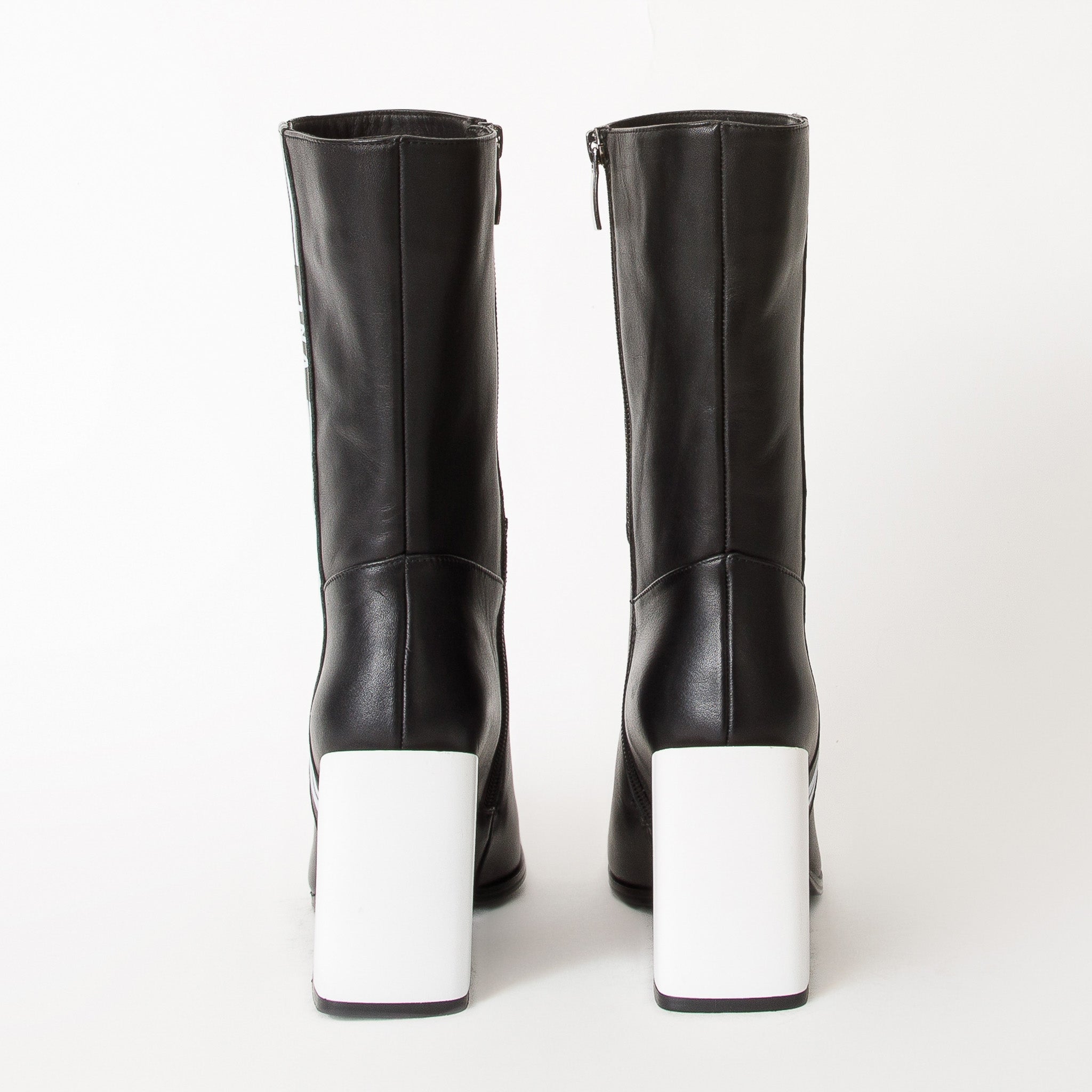 The Loretto Black Leather Block Heel Mid Calf Boot For Sale