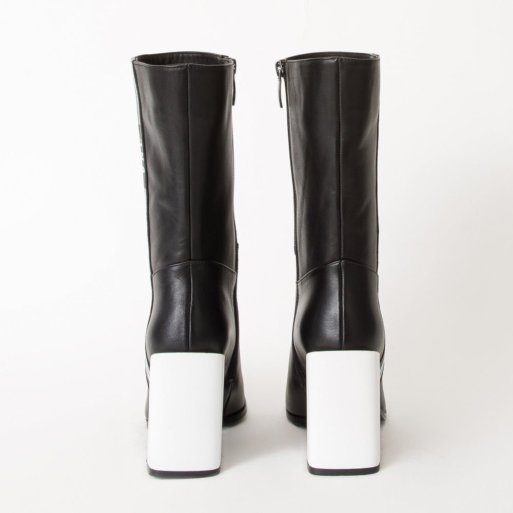 The Loretto Black Leather Block Heel Mid Calf Boot For Sale