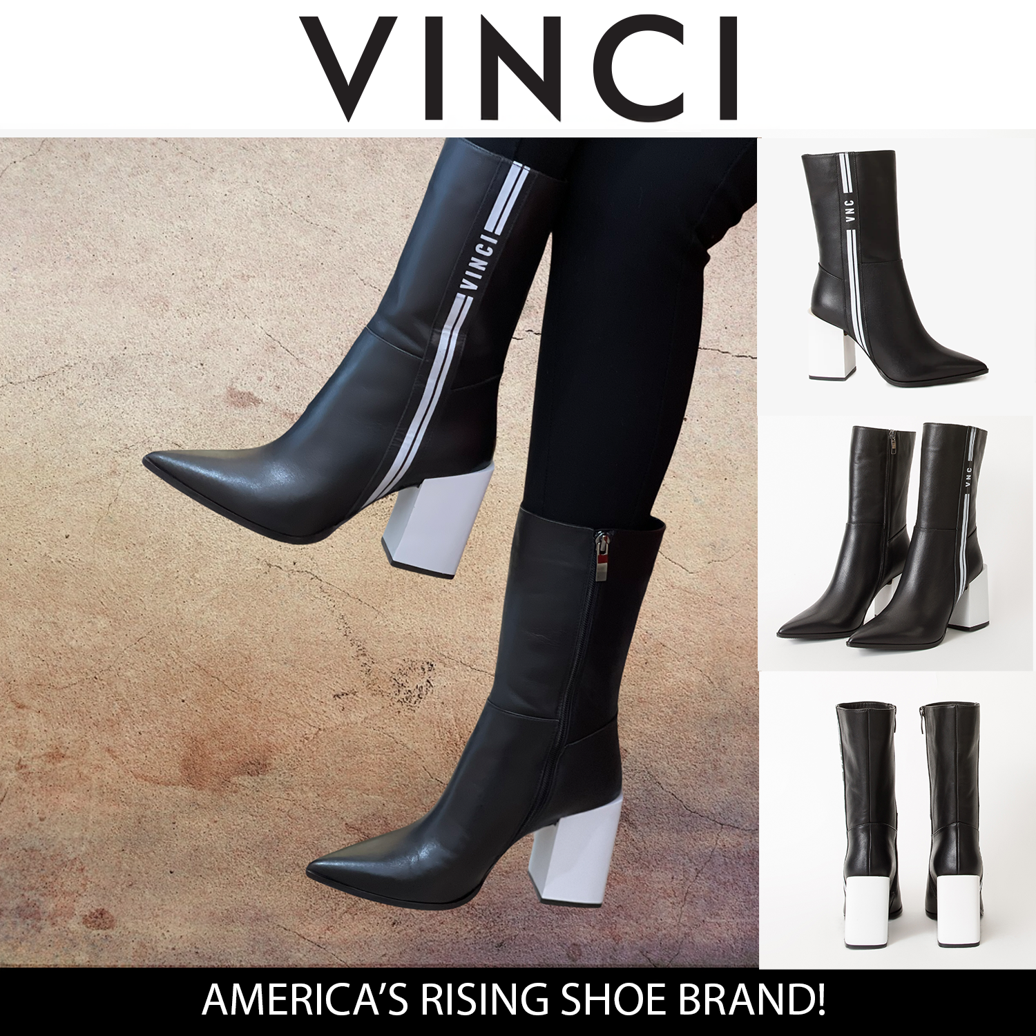 The Loretto Black Leather Block Heel Mid Calf Boot For Sale
