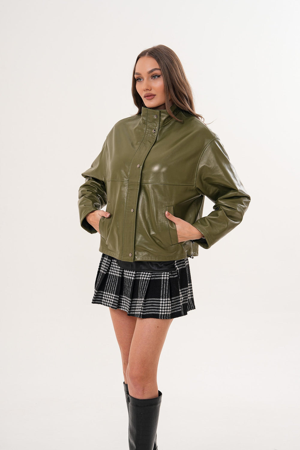 The Kireya Olive Green Genuine Leather Jacket On Sale