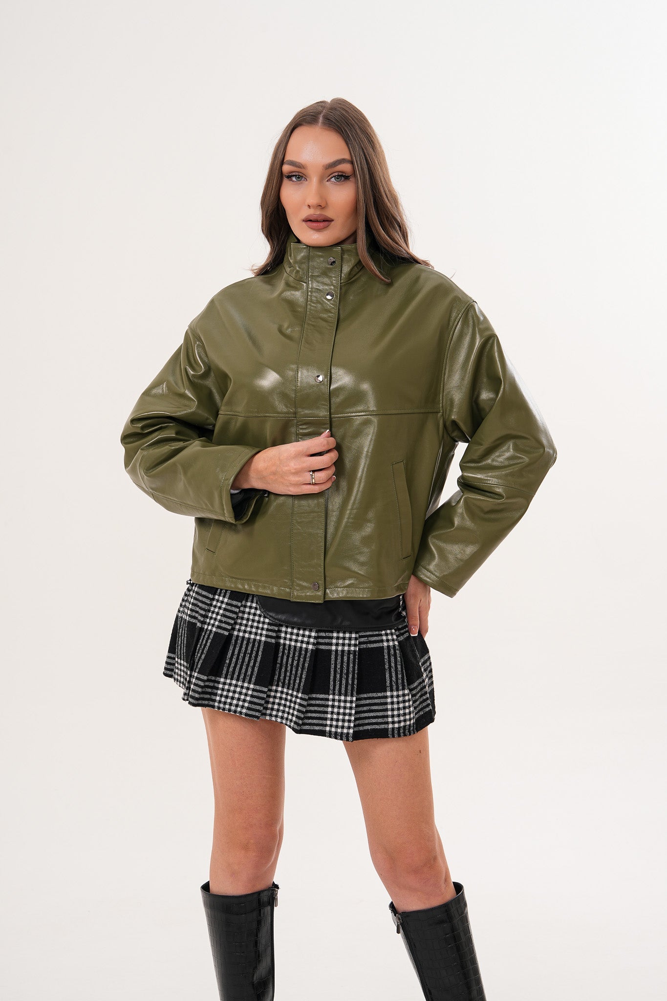 The Kireya Olive Green Genuine Leather Jacket On Sale