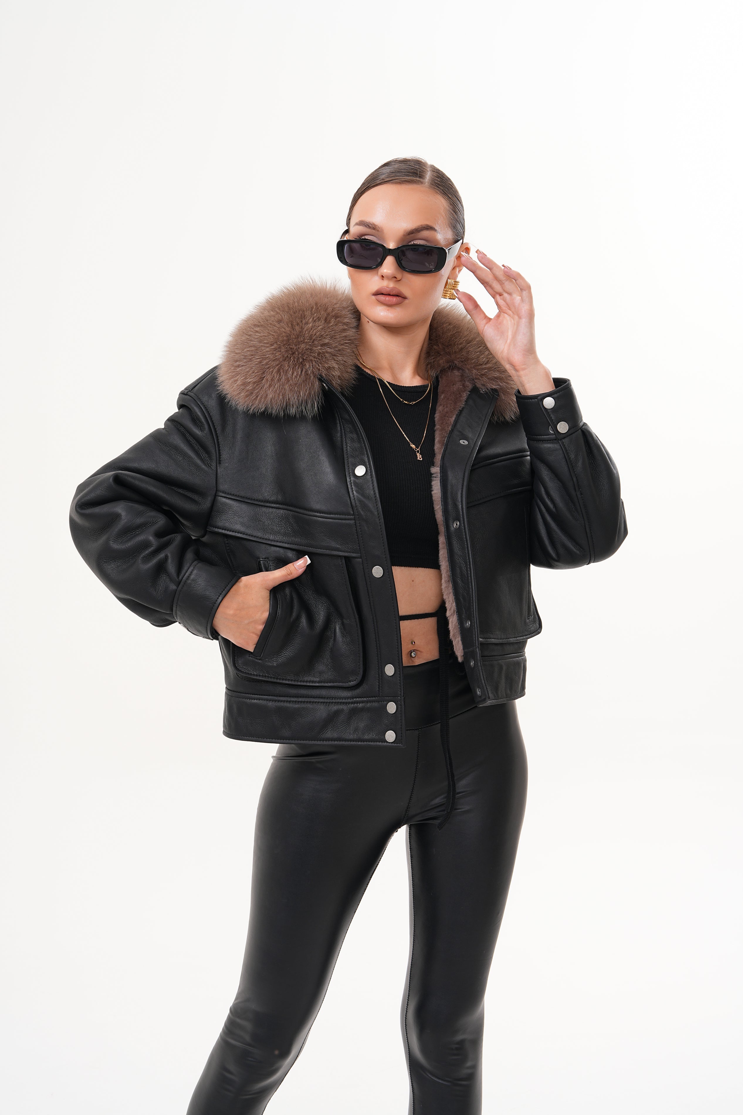 The Auretta Brown Collar Shearling Leather Jacket For Sale