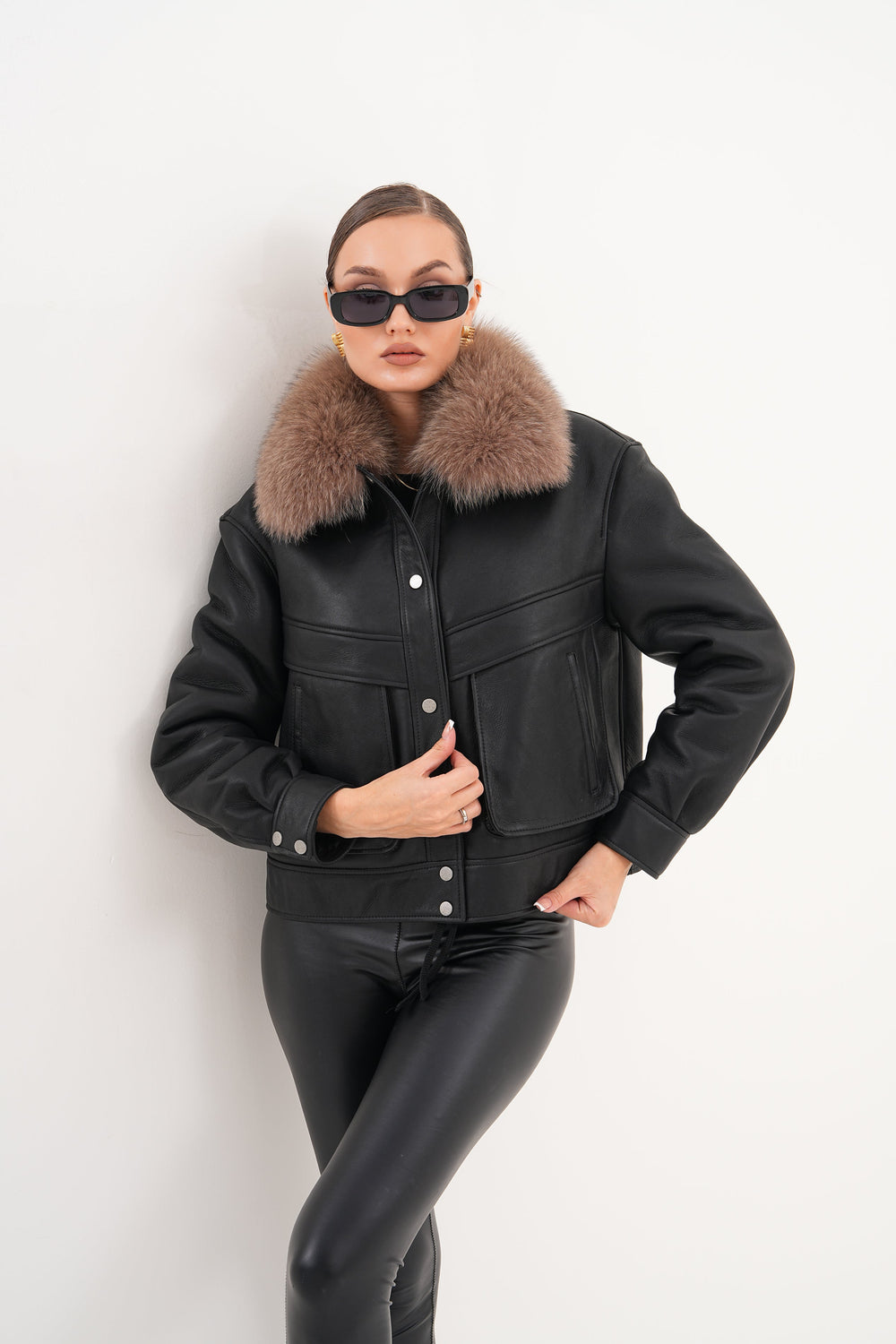 The Auretta Brown Collar Shearling Leather Jacket For Sale
