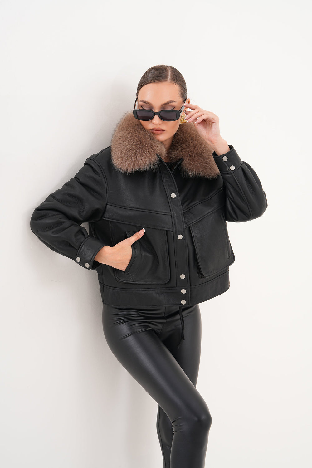 The Auretta Brown Collar Shearling Leather Jacket For Sale