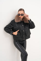 The Auretta Brown Collar Shearling Leather Jacket For Sale
