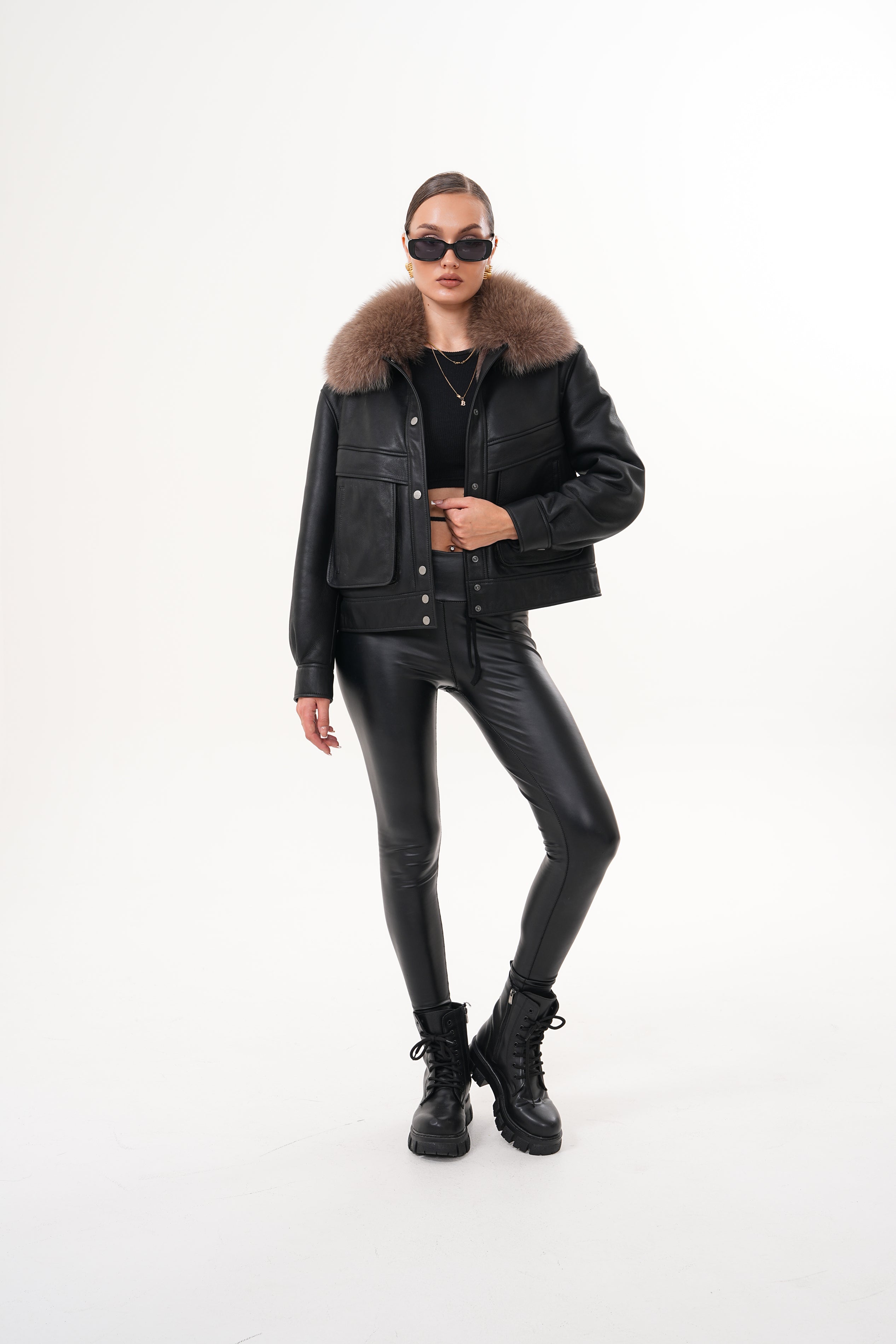The Auretta Brown Collar Shearling Leather Jacket For Sale