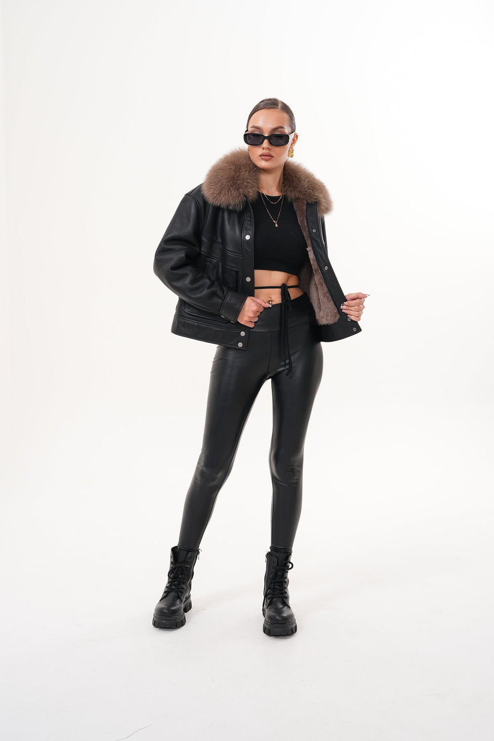 The Auretta Brown Collar Shearling Leather Jacket For Sale