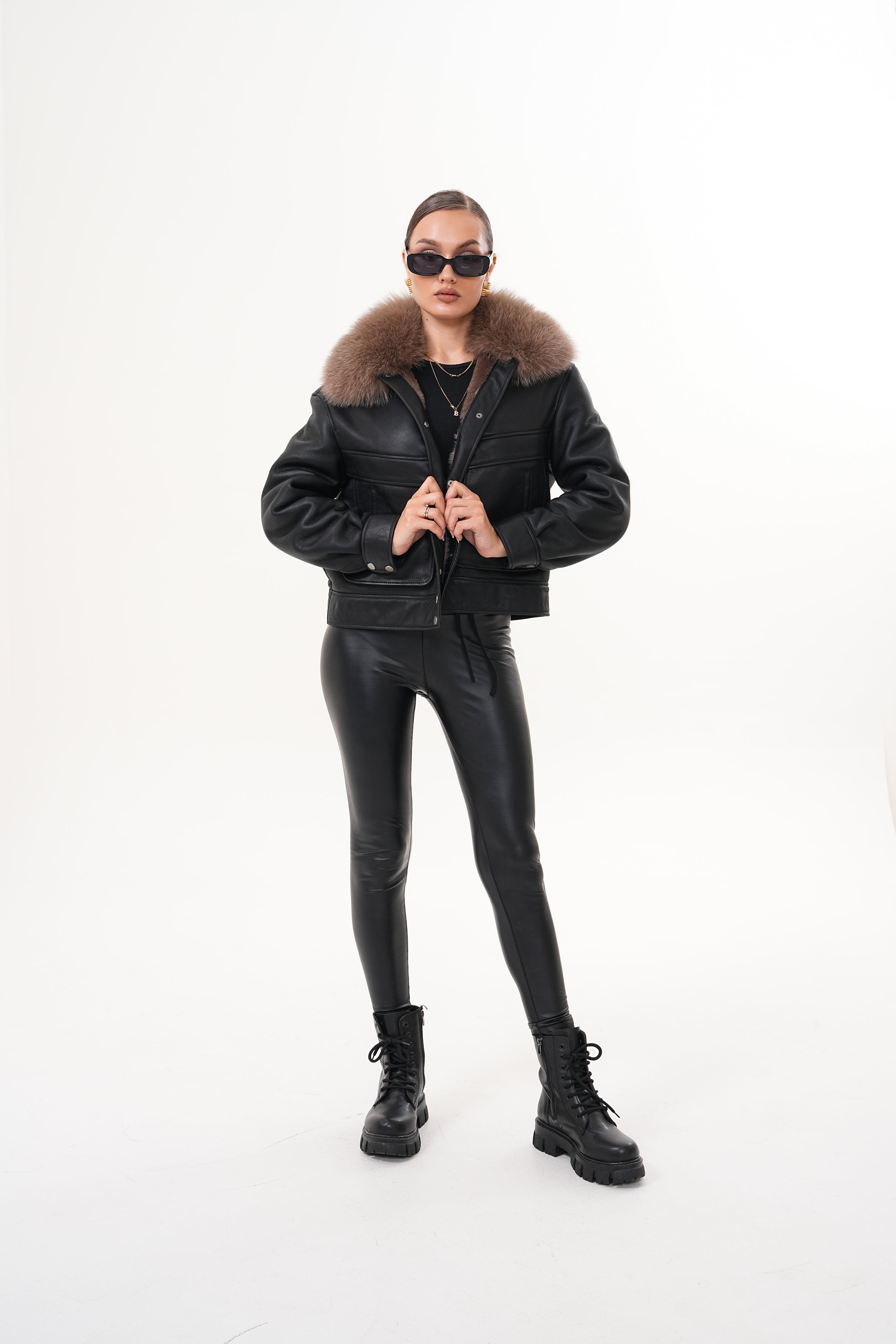 The Auretta Brown Collar Shearling Leather Jacket For Sale