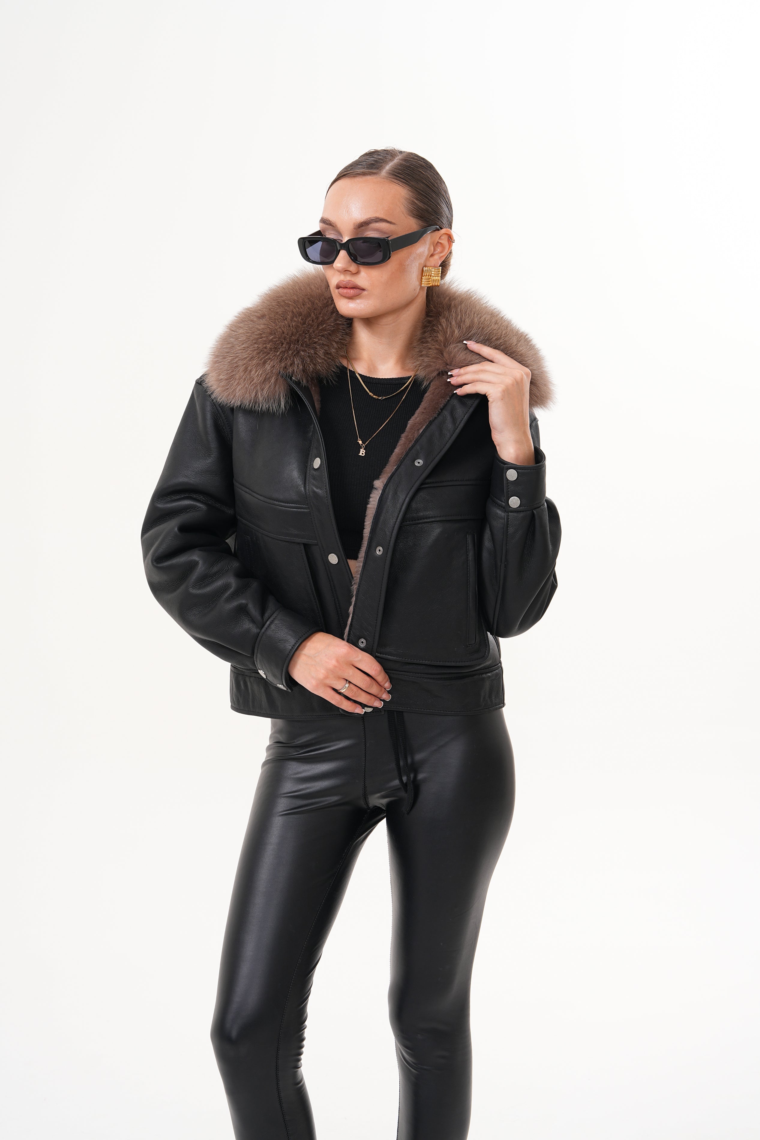 The Auretta Brown Collar Shearling Leather Jacket For Sale