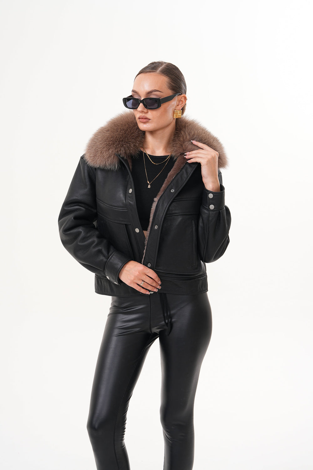 The Auretta Brown Collar Shearling Leather Jacket For Sale