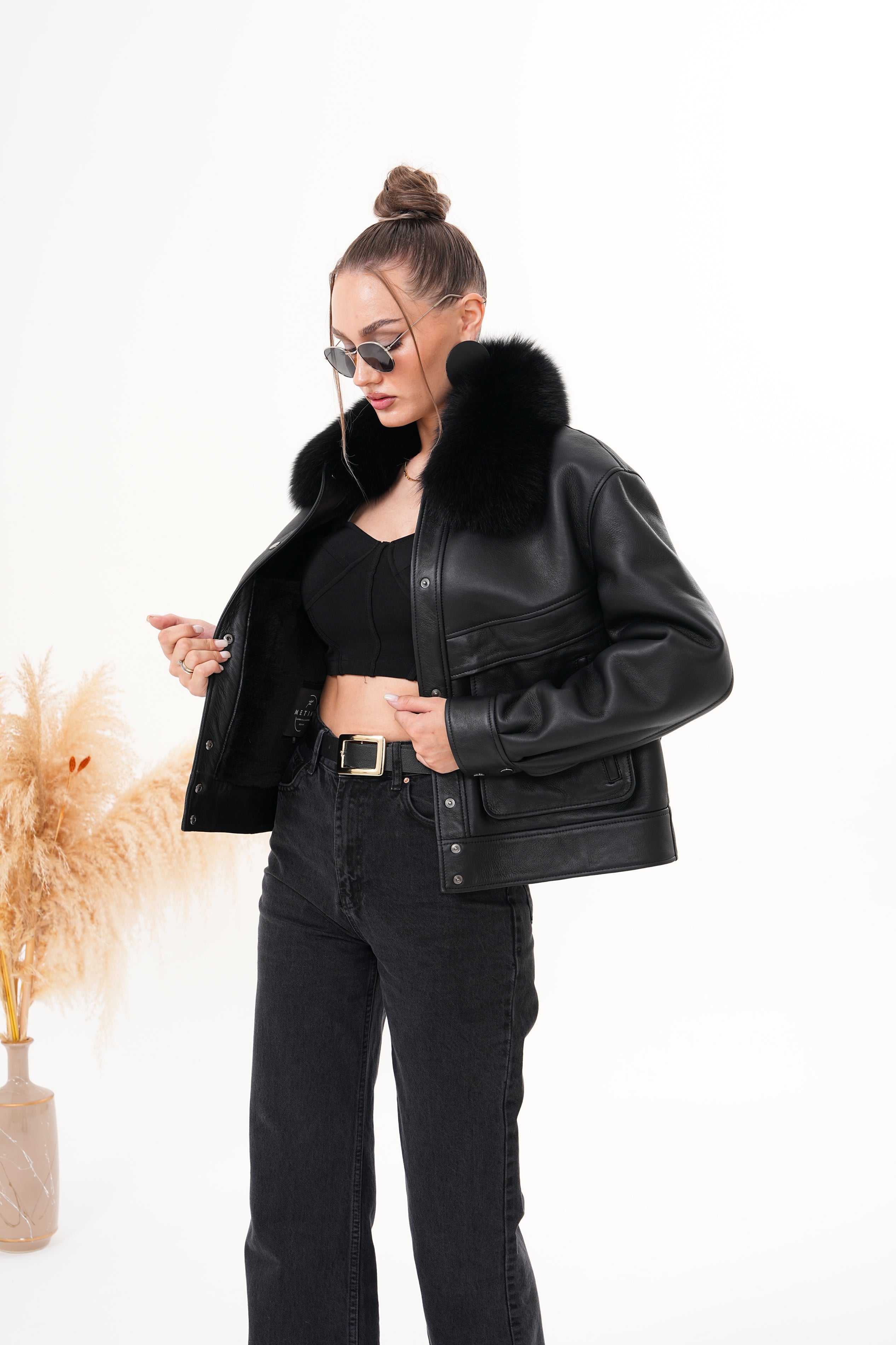 The Auretta Black Shearling Leather Jacket All New