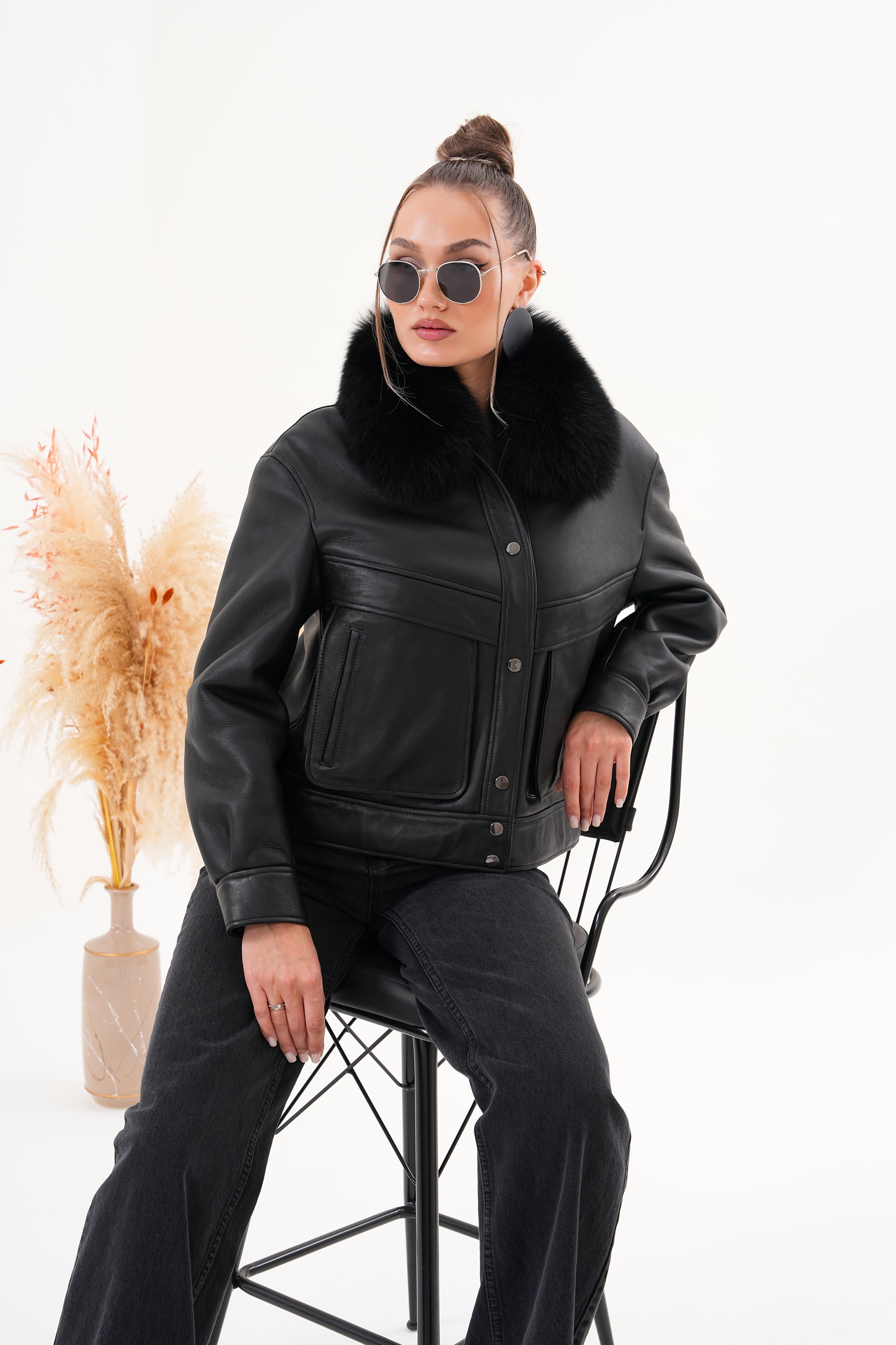 The Auretta Black Shearling Leather Jacket All New