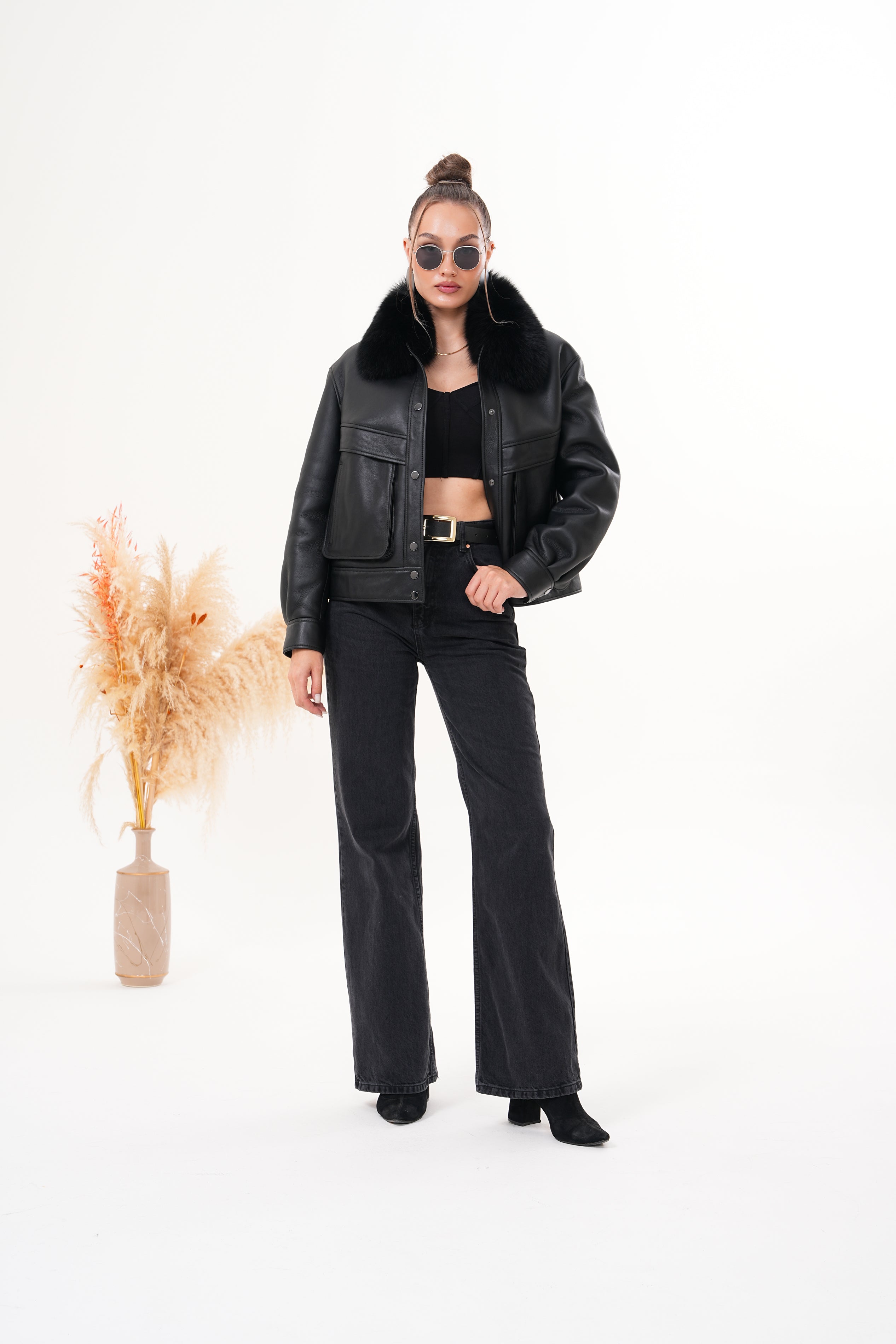 The Auretta Black Shearling Leather Jacket All New