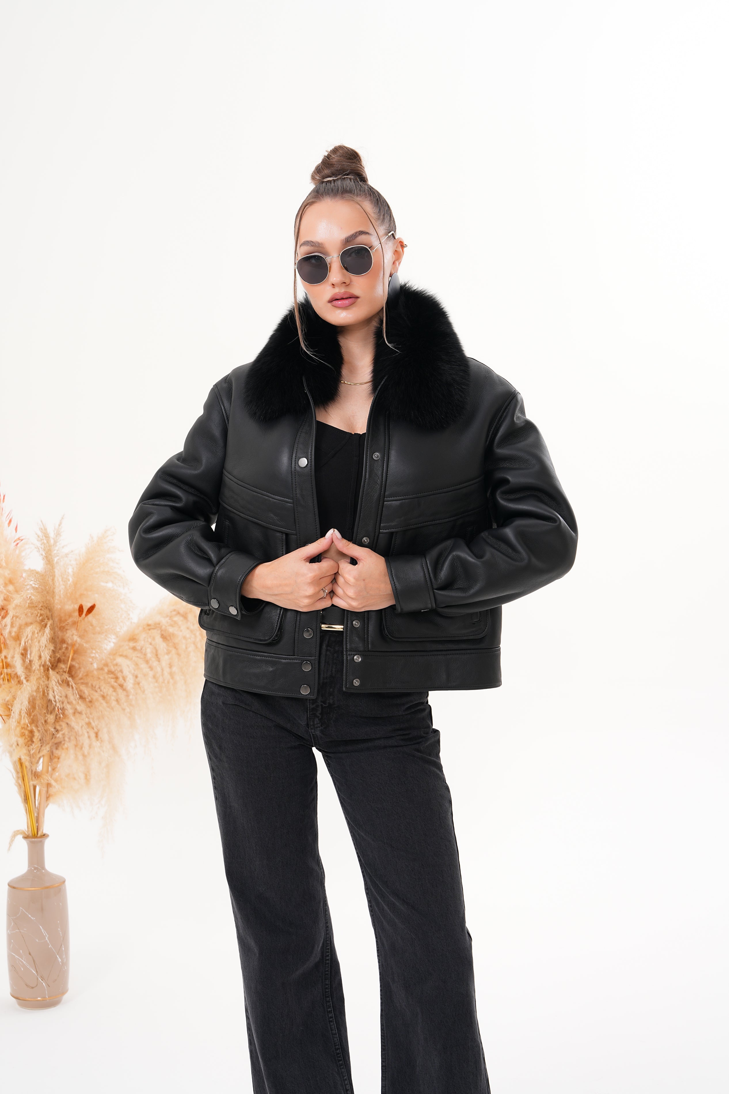 The Auretta Black Shearling Leather Jacket All New