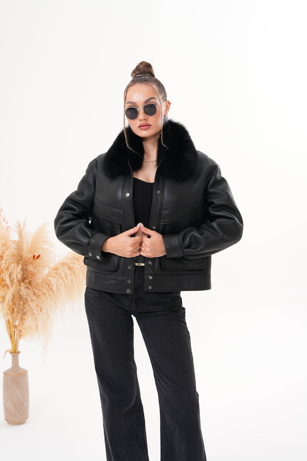 The Auretta Black Shearling Leather Jacket All New