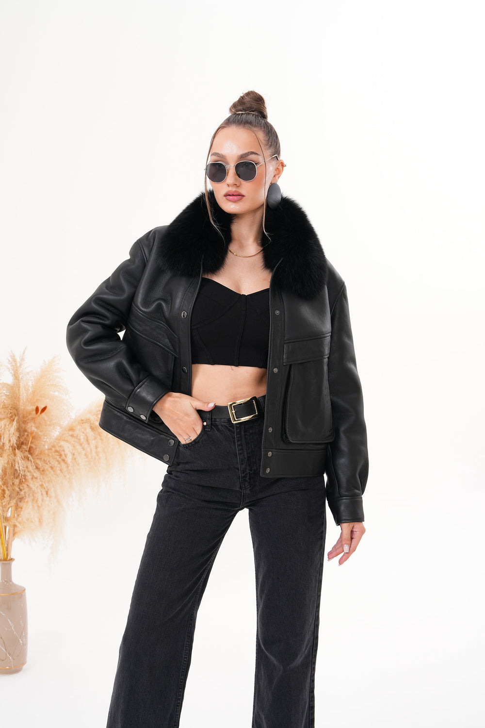 The Auretta Black Shearling Leather Jacket All New