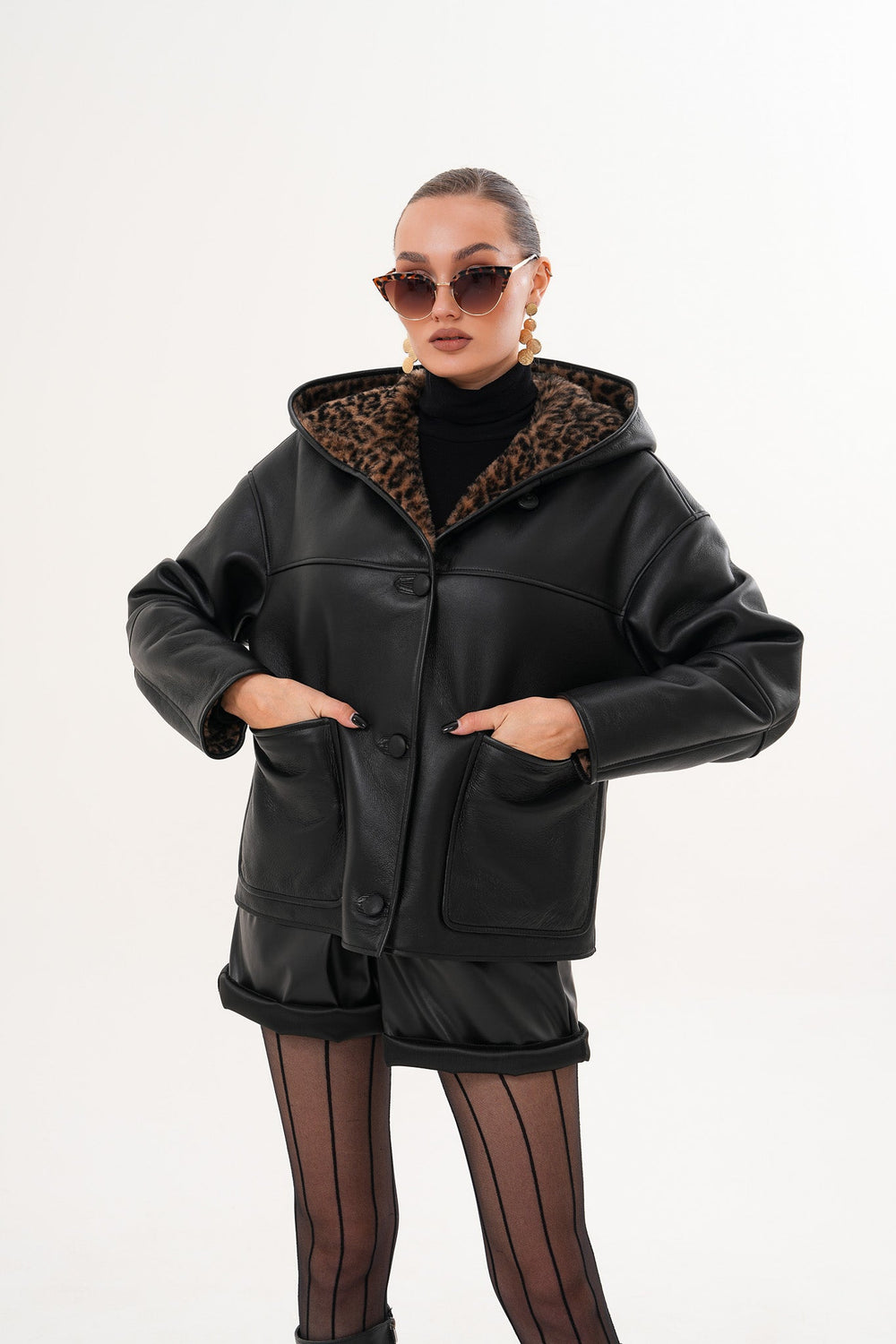 The Arlena Black \u0026amp; Leopard Shearling Leather Jacket Universal Fit