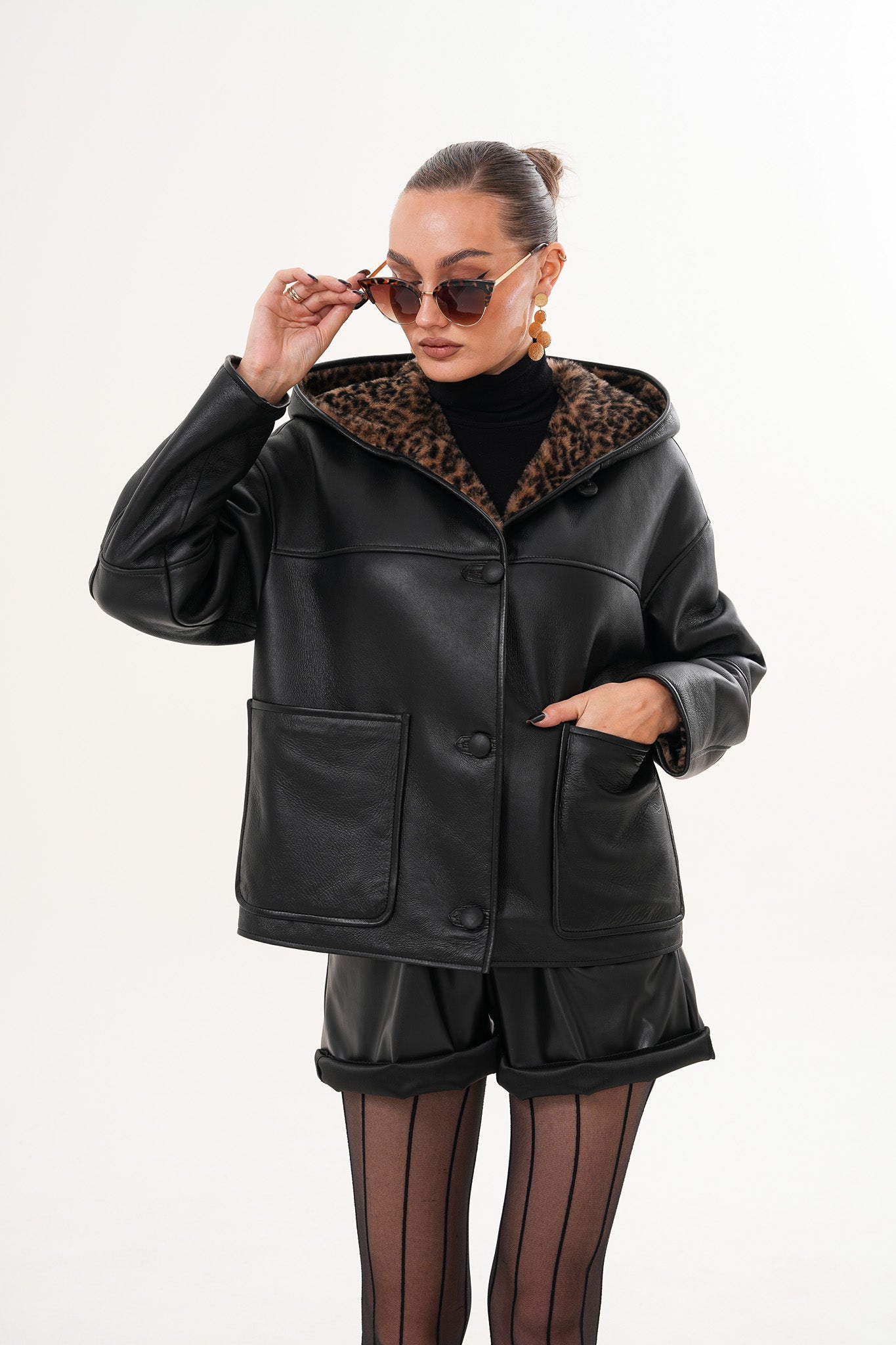 The Arlena Black \u0026amp; Leopard Shearling Leather Jacket Universal Fit