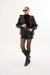 The Arlena Black \u0026amp; Leopard Shearling Leather Jacket Universal Fit