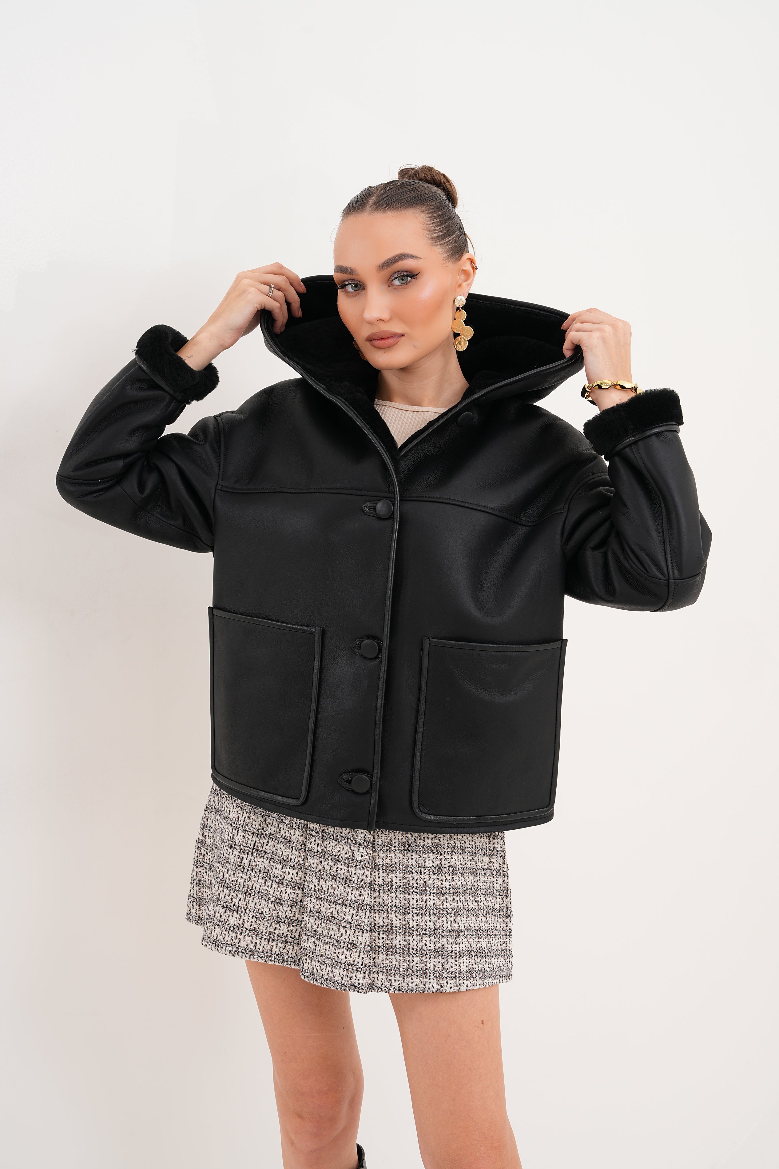 The Arlena Black Shearling Leather Jacket Exclusive Style