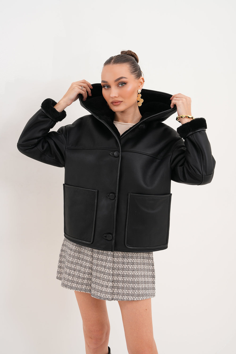 The Arlena Black Shearling Leather Jacket Exclusive Style