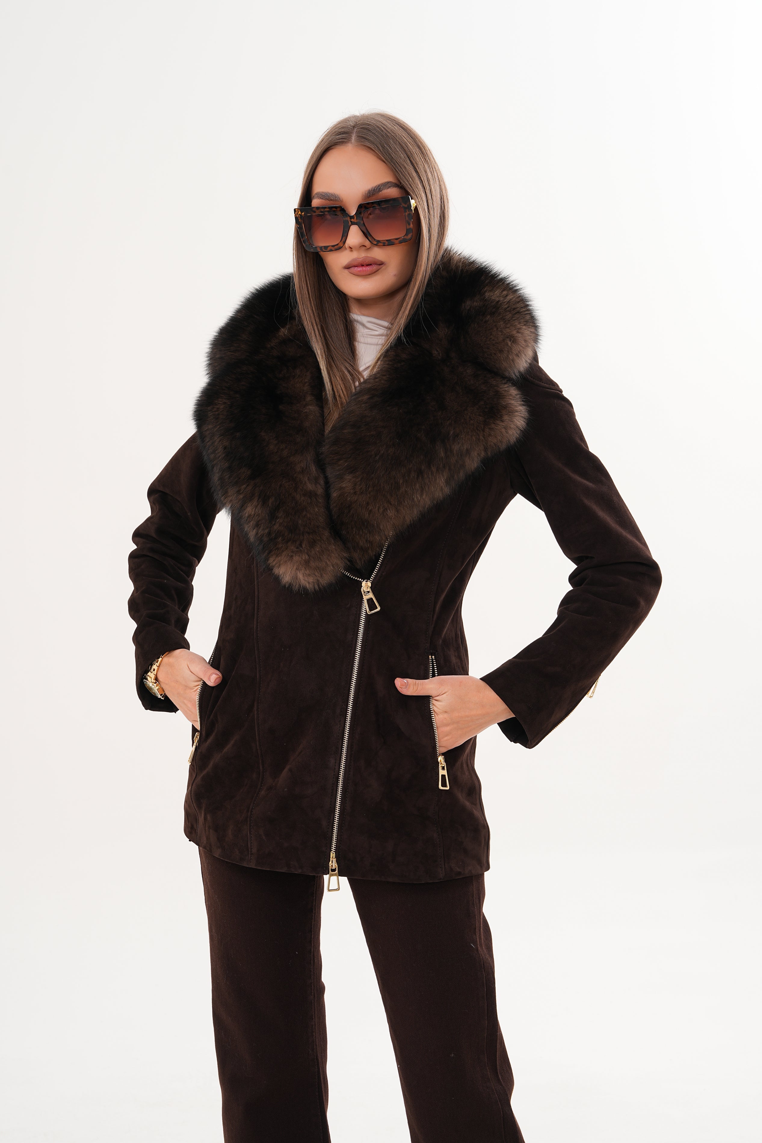 The Alessia Brown Leather Fox Fur Jacket For Sale