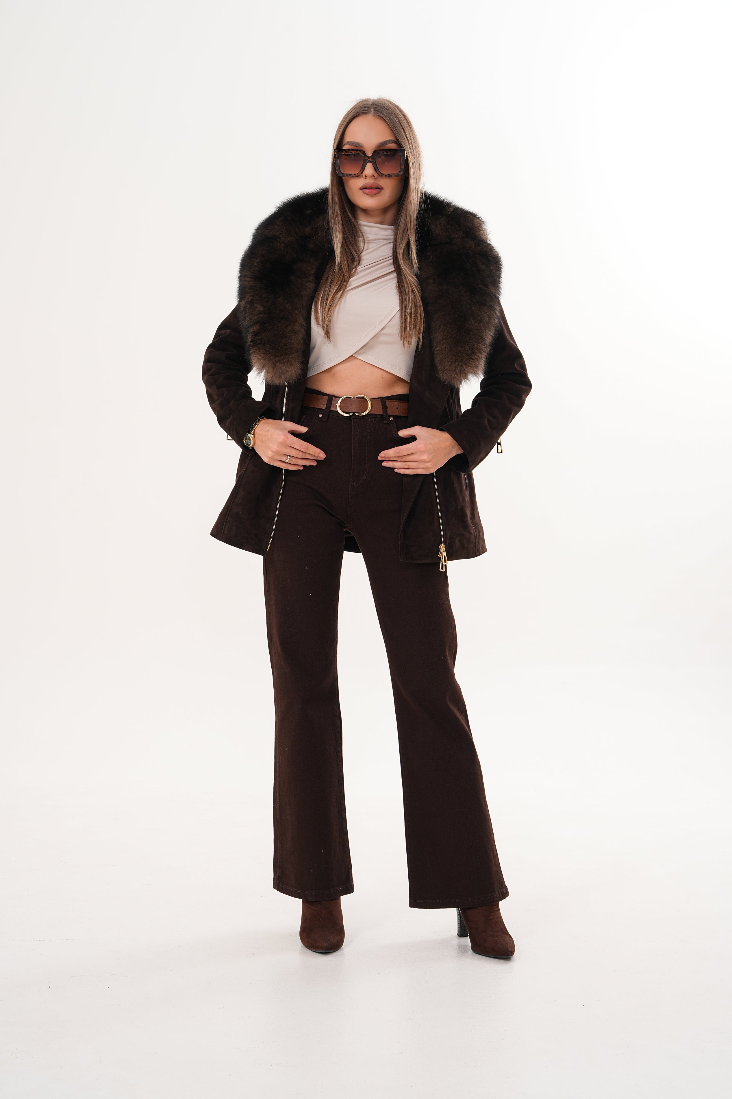 The Alessia Brown Leather Fox Fur Jacket For Sale